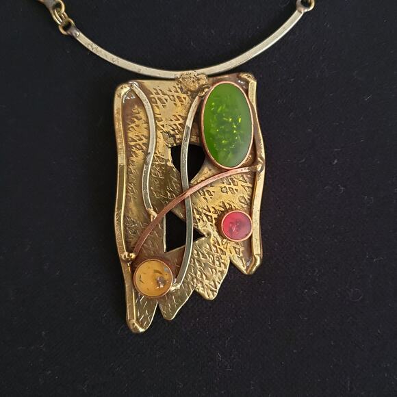 Modernist Artisan Confetti Pendant Necklace Earrings Set Mixed Metals Abstract - Picture 14 of 14